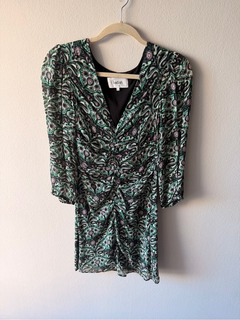 ba&sh Green Paisley Ruched V-Neck Long Sleeve Dress